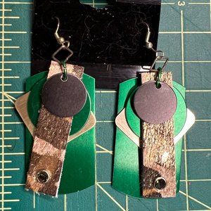 New Real Leather, Rhinestone, Earrings w Sterling Hooks Gold Leopard